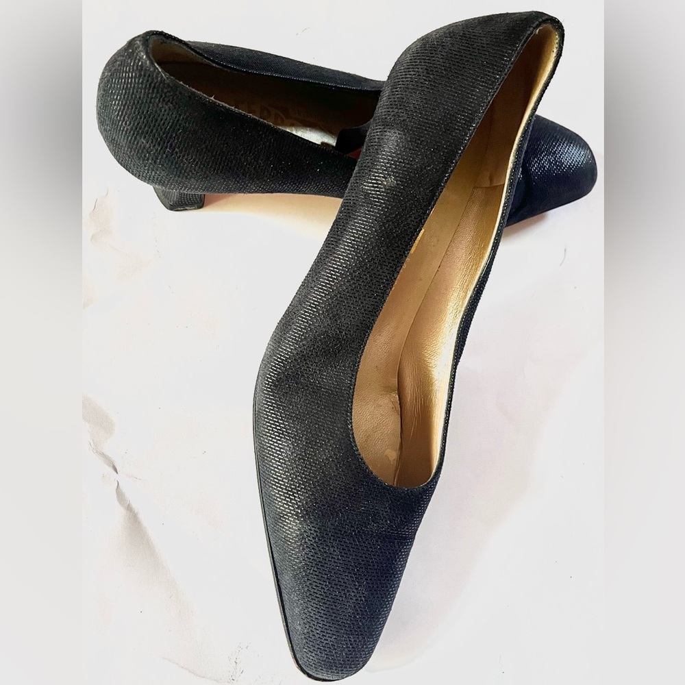 Salvatore Ferragamo Almond Toe Textured Leather Kitten Heels Pumps